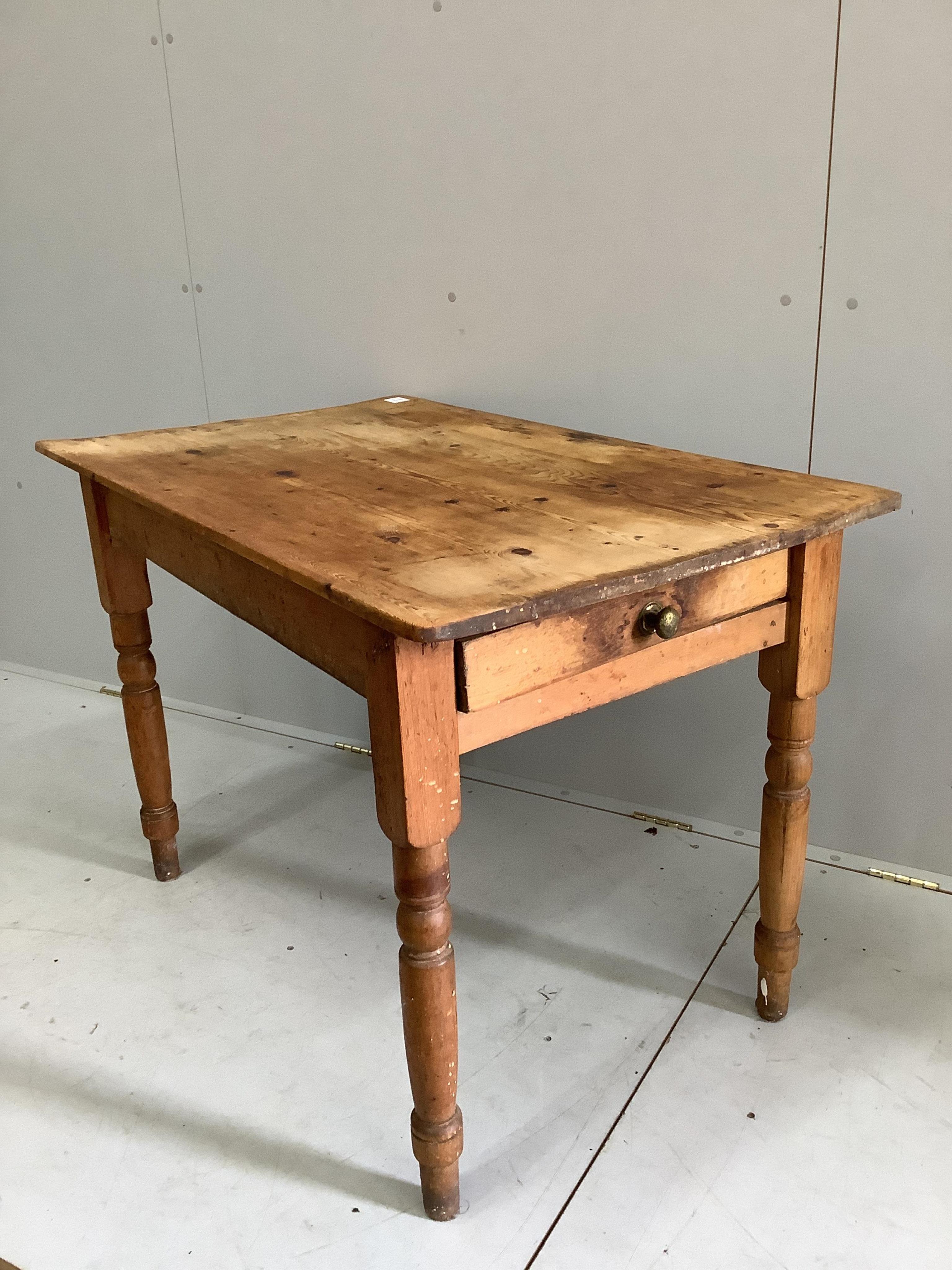 A Victorian rectangular pine kitchen table, width 106cm, depth 65cm, height 73cm. Condition - poor